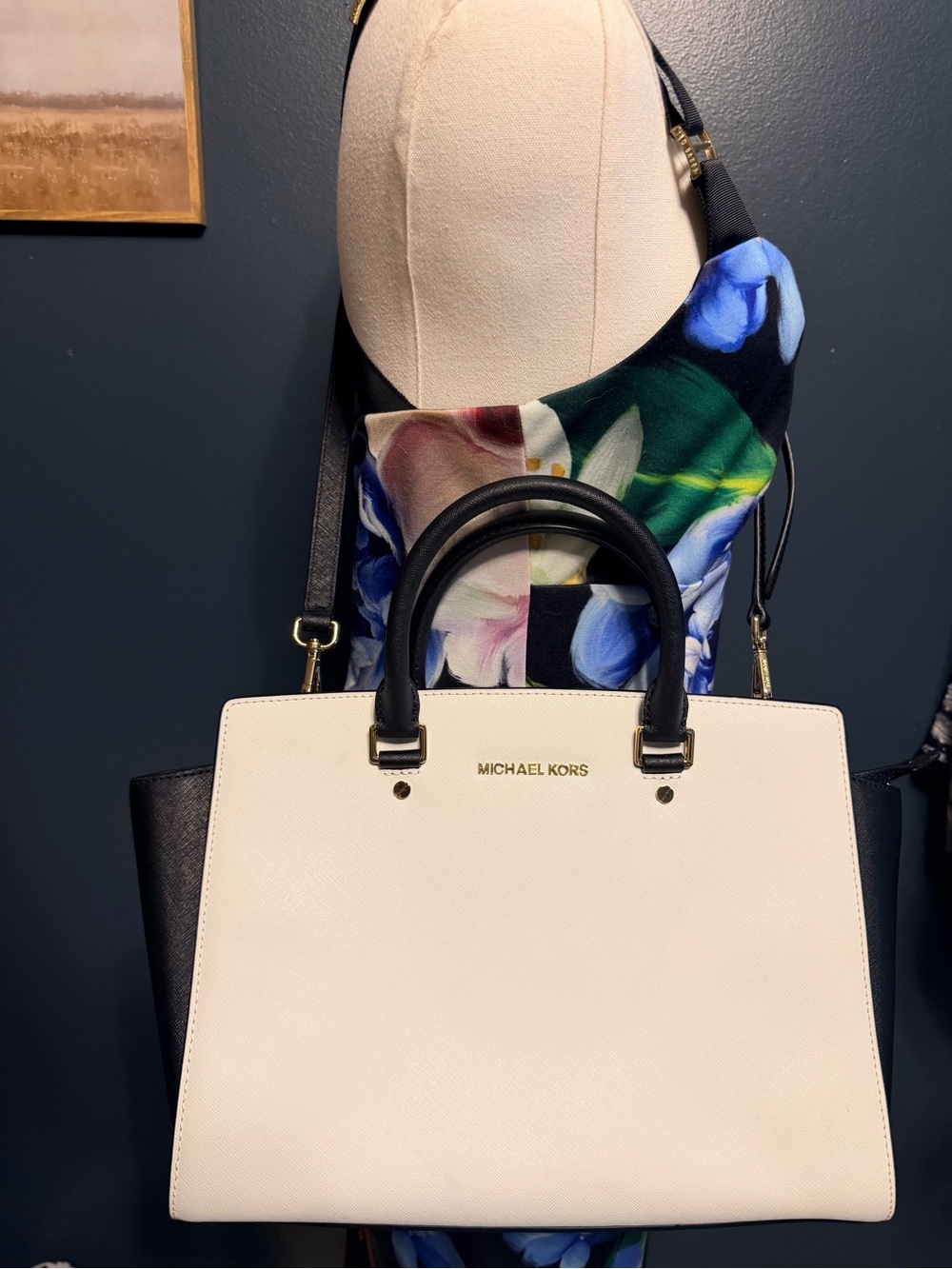 MICHAEL KORS Selma White and Black Saffiano Leather Satchel with Gold Hardware